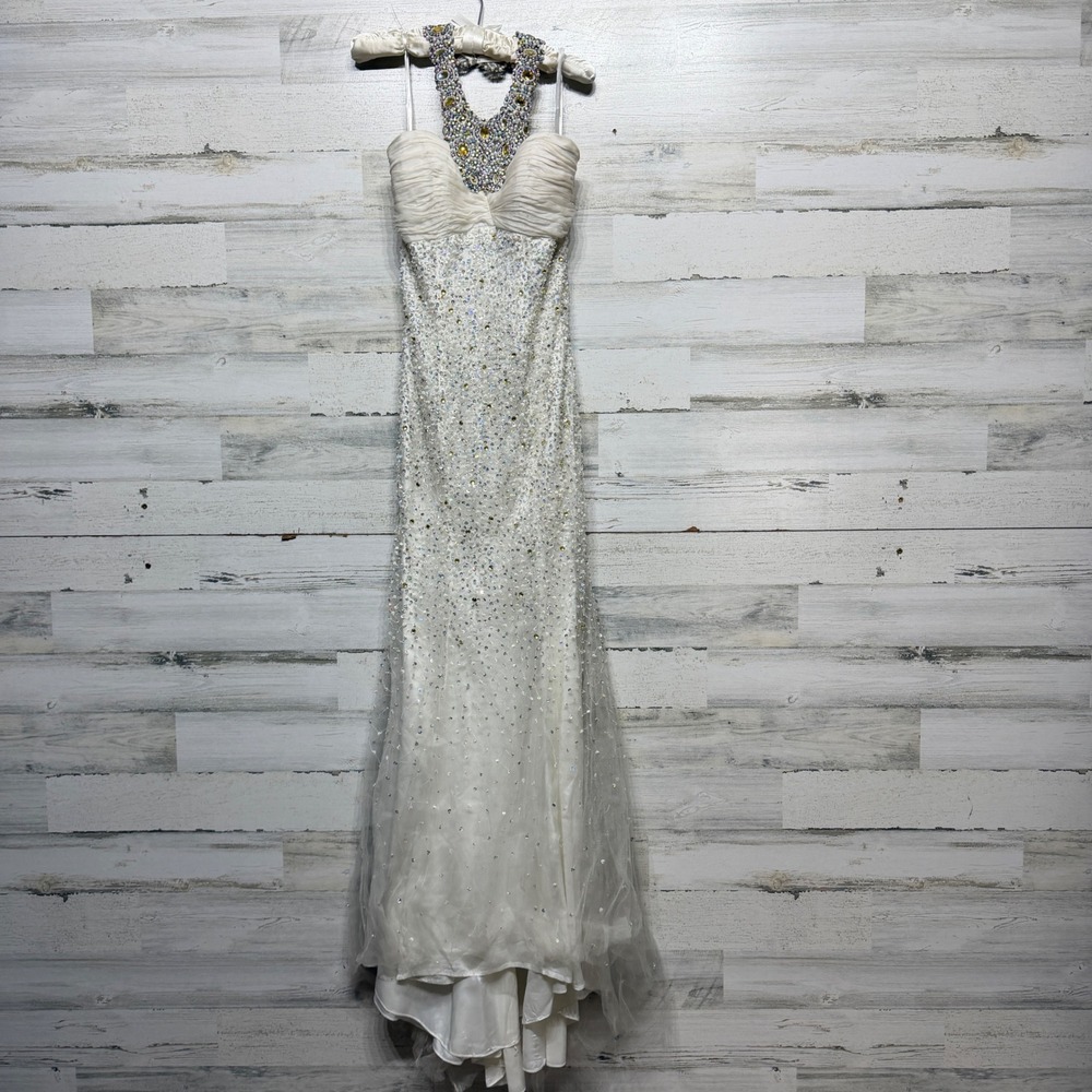 Jovani Prom Gown Women 4 White Beaded Sequin Mermaid Halter Glam *Flawed